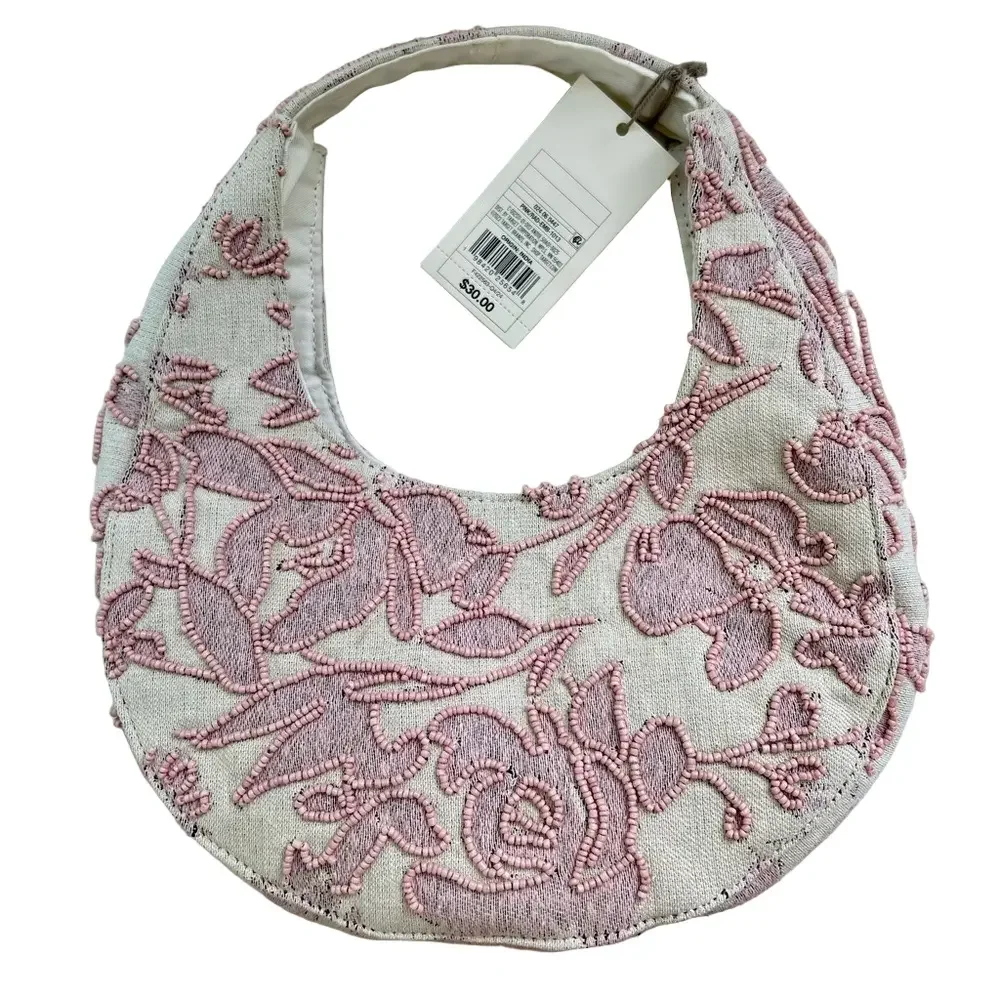 A New Day Target Pink Off-White Beaded Embroidered Mini Hobo Crescent Bag NEW